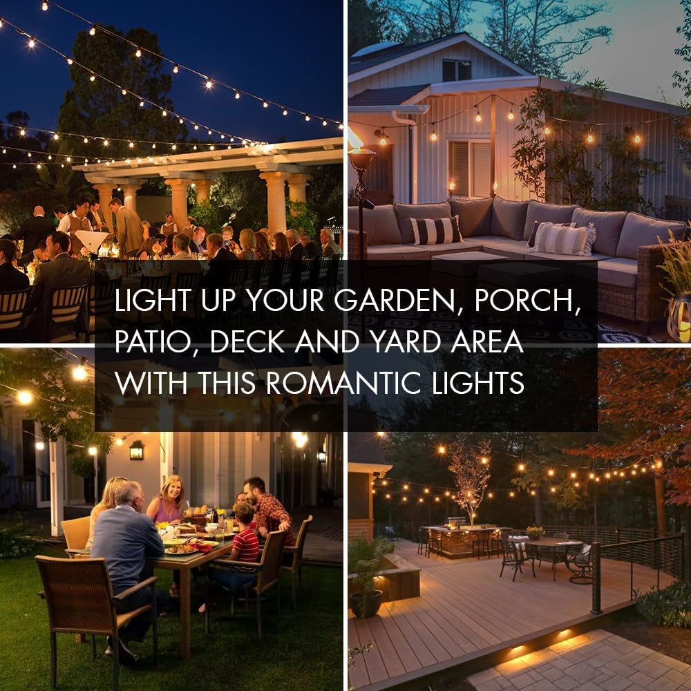 Outdoor String Lights, 48FT Patio Lights with 16 LED Shatterproof Bulbs for Outside, Backyard, Deck, Porch, Garden, Bistro, Cafe, Party