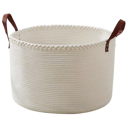 100% Cotton Fabric Rope round Storage Basket with Leather Handles 21 In. X 21 In. X 14 In.