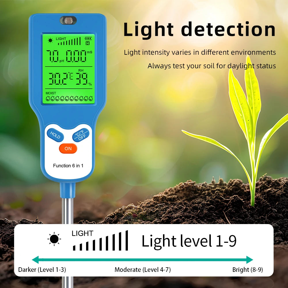 6 in 1 Soil Meter Rotate 90° Soil PH Detector LCD Fertility Ph Temp Moisture Light Humidity Test Plant Garden Farm Soil Analyser