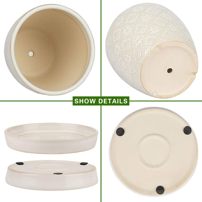 Ceramic Plant Pots Indoor, 6.6 + 5.5 Inch Planters with Drainage Holes and Saucer for Home/Office - Set of 2 /White