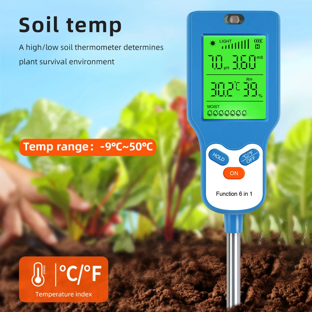 6 in 1 Soil Meter Rotate 90° Soil PH Detector LCD Fertility Ph Temp Moisture Light Humidity Test Plant Garden Farm Soil Analyser
