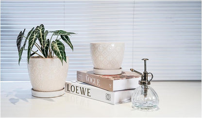 Ceramic Plant Pots Indoor, 6.6 + 5.5 Inch Planters with Drainage Holes and Saucer for Home/Office - Set of 2 /White